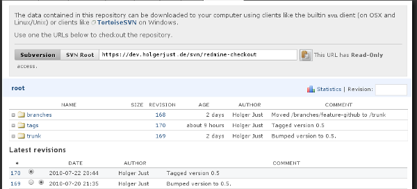 Today Holger Just released an update to his Redmine Checkout plugin. This plugin adds additional information to the Repository module in Redmine: